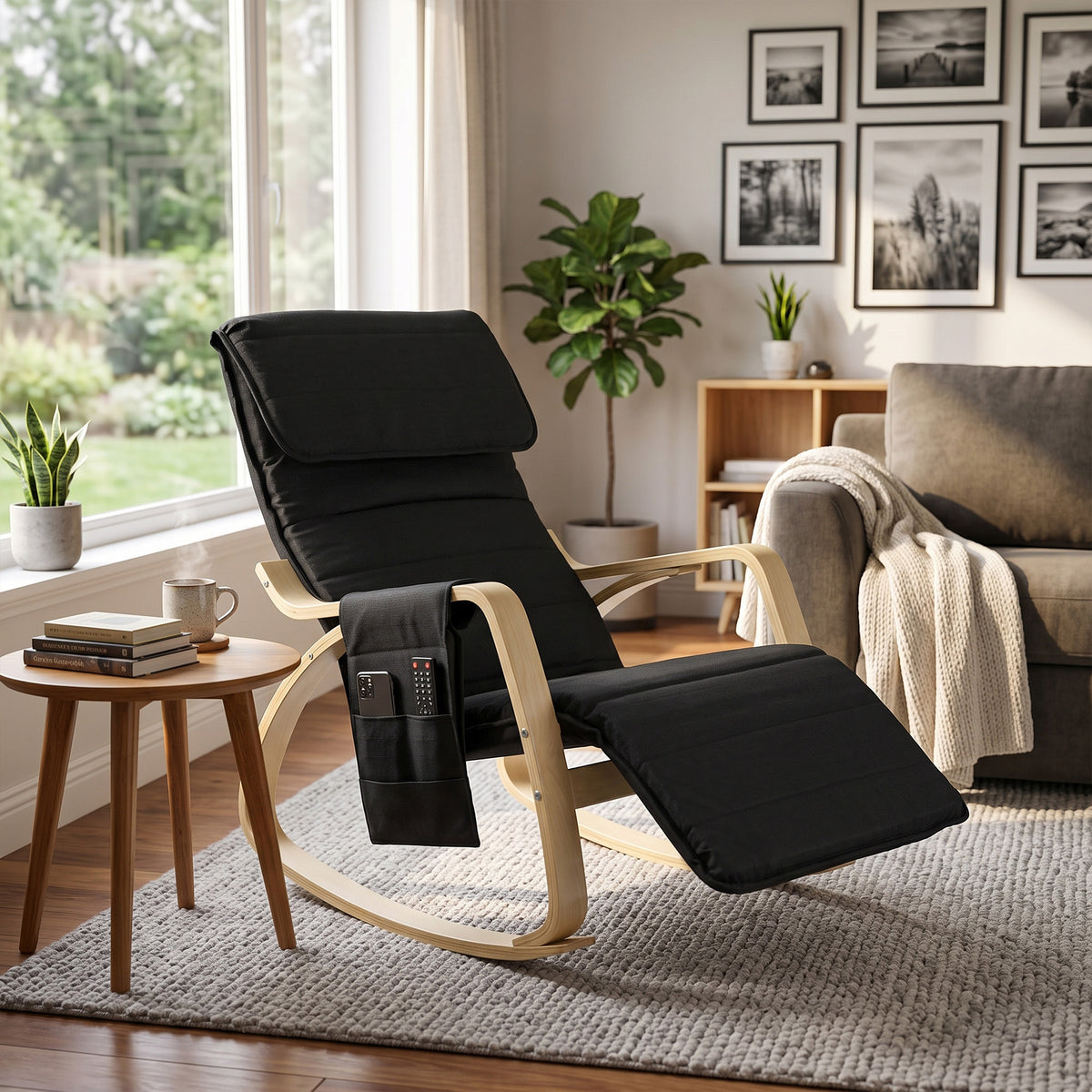 Fauteuil relax à bascule fauteuil allaitement avec repose-pieds réglable, poche latérale et appui-tête, noir-7