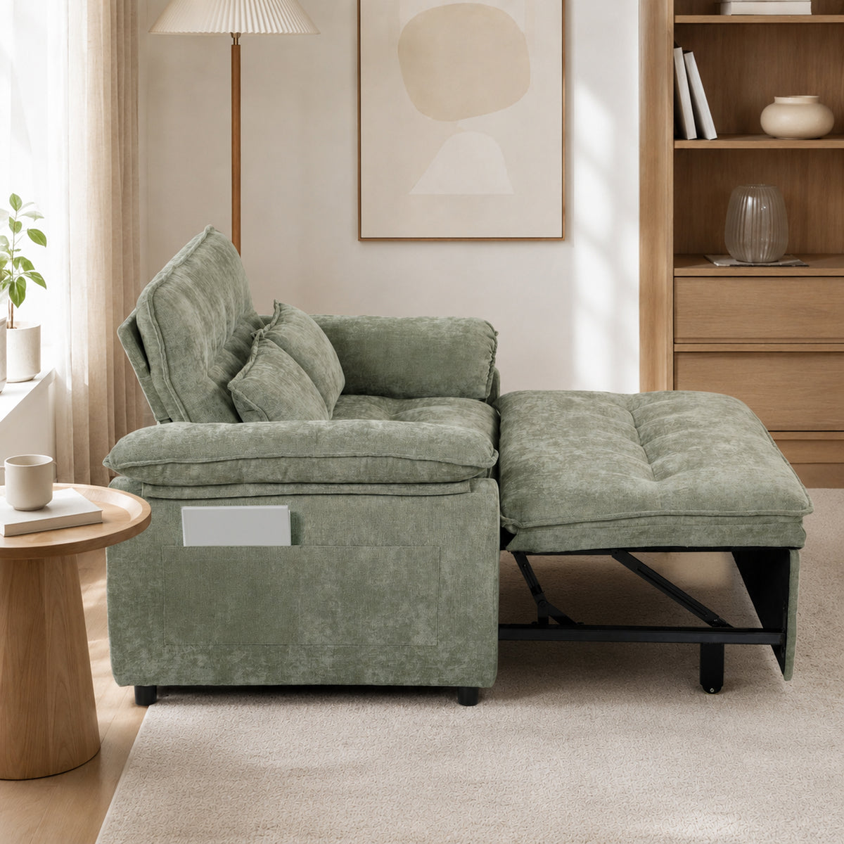 Canapé Convertible 2 Places, Canapé-Lit 3 en 1 Velours 137 cm, Dossier Réglable, Assise Large, 2 Oreillers, Vert-8