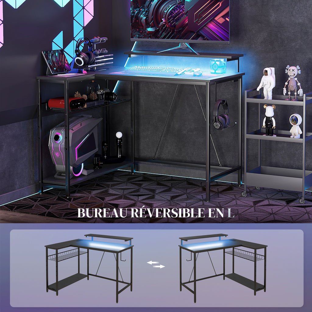 Bureau d'angle réversible, bureau d'ordinateur avec LED, 2 prises et 2 ports USB et panier réglable, 107x80x90cm, noir-5