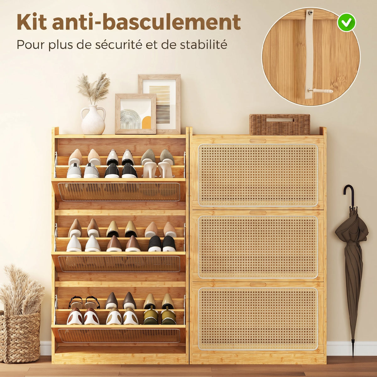 Meuble à chaussures 14 paires, armoire à chaussures 3 tiroirs rabattables, étagères réglables 69x29x119,8cm bois naturel-8