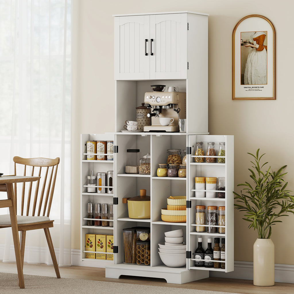 Buffet haut cuisine armoire de cuisine, 4 portes plan de travail 8 porte-épices étagères réglables 60x40x181,5cm blanc-7