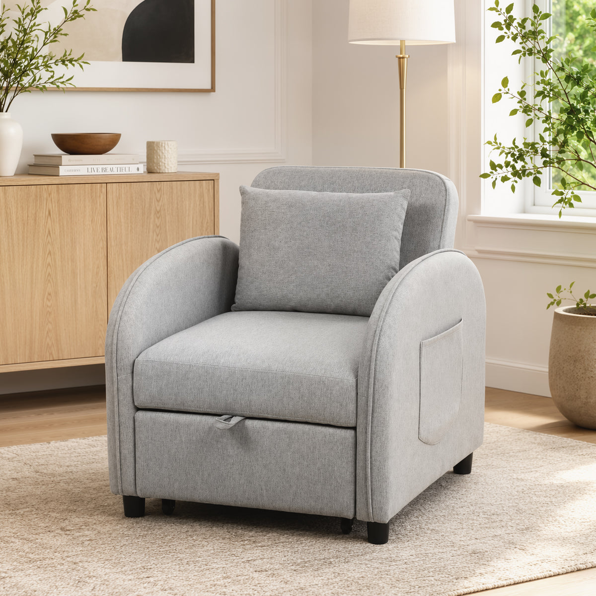 Fauteuil Convertible 1 Place, Fauteuil-Lit Clic-Clac 3 en 1, Dossier Réglable, Tablette Latérale Rabattable, Gris-8