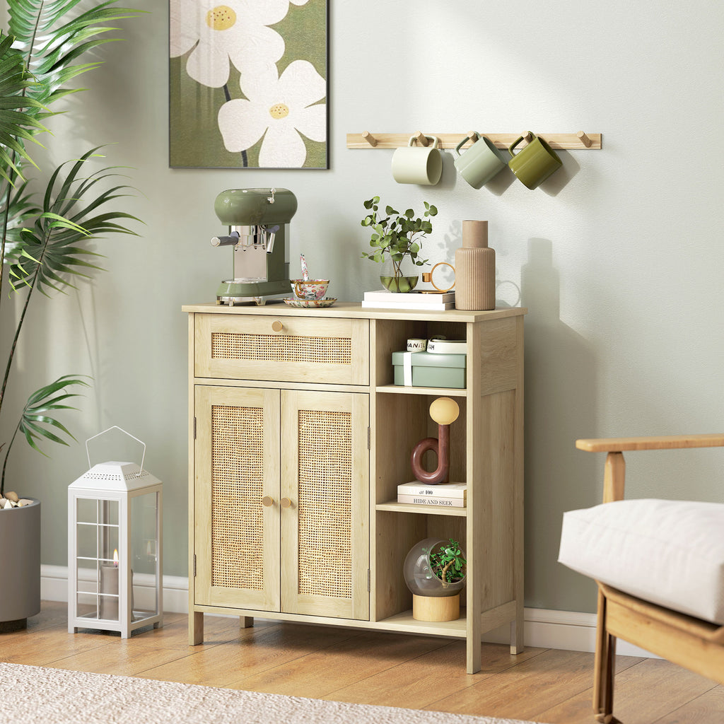 Buffet, meuble de rangement, 2 portes en rotin, tiroir, niches ouvertes, étagères réglables, 75x30x79,5cm, bois naturel-9