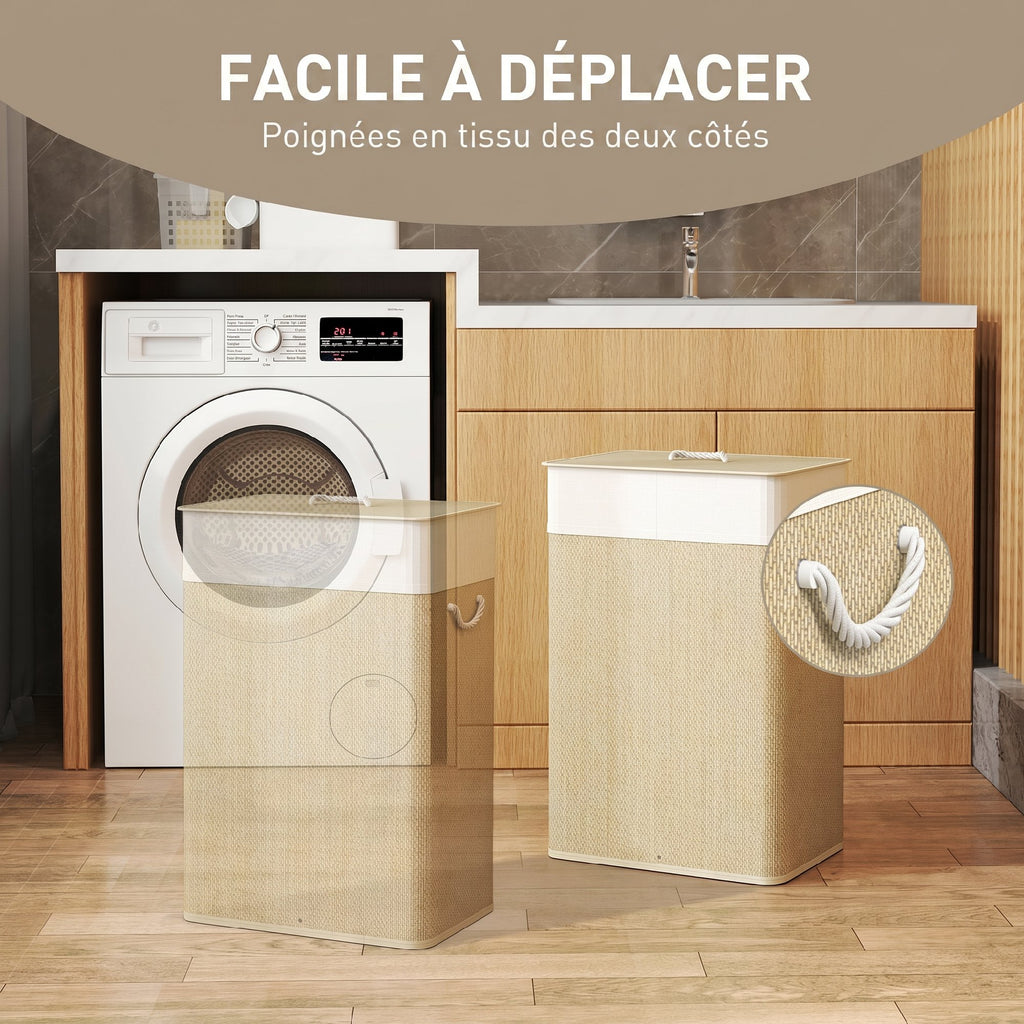 Panier à linge 72 L, corbeille à linge sale en bambou avec couvercle, poignées en corde, doublure amovible, crème-5
