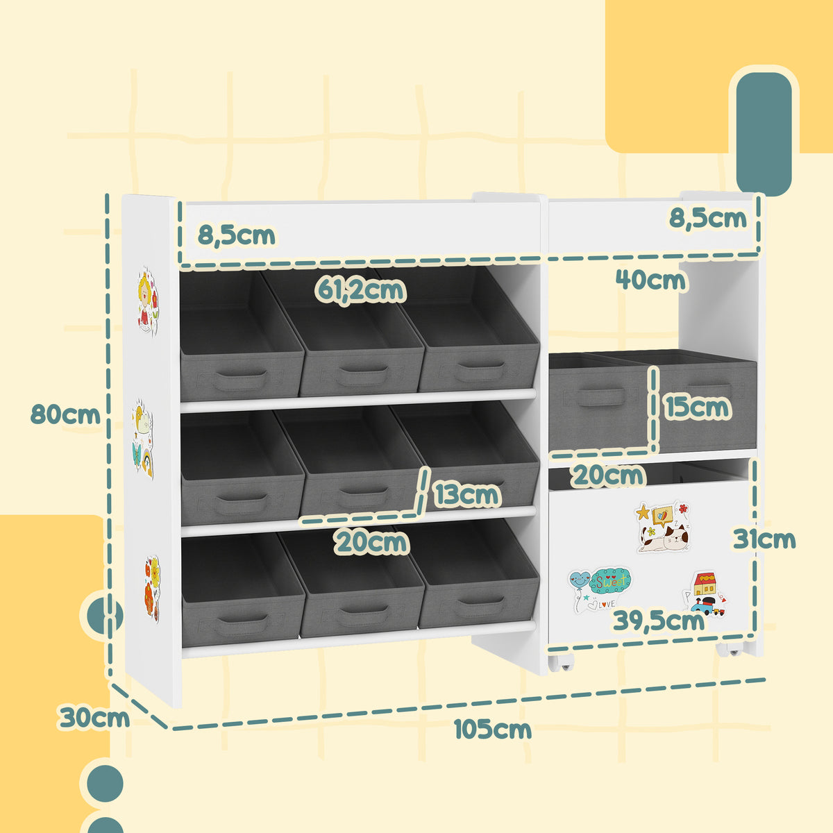 Étagère à jouets pour enfants étagère à livres 11 bacs de rangements en tissu non tissé 105 x 30 x 80 cm blanc-2