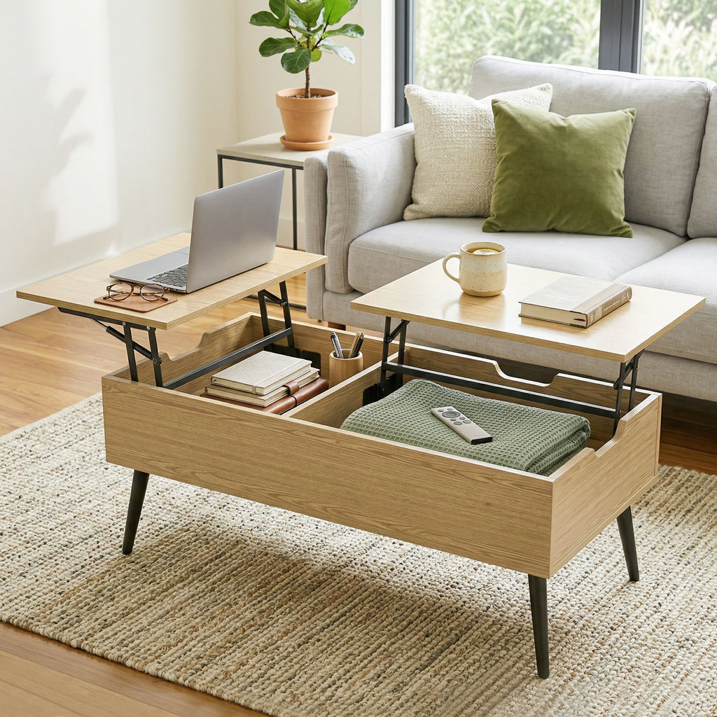 Table basse relevable avec double plateau, table de salon avec compartiment caché et pieds en métal, bois naturel-9