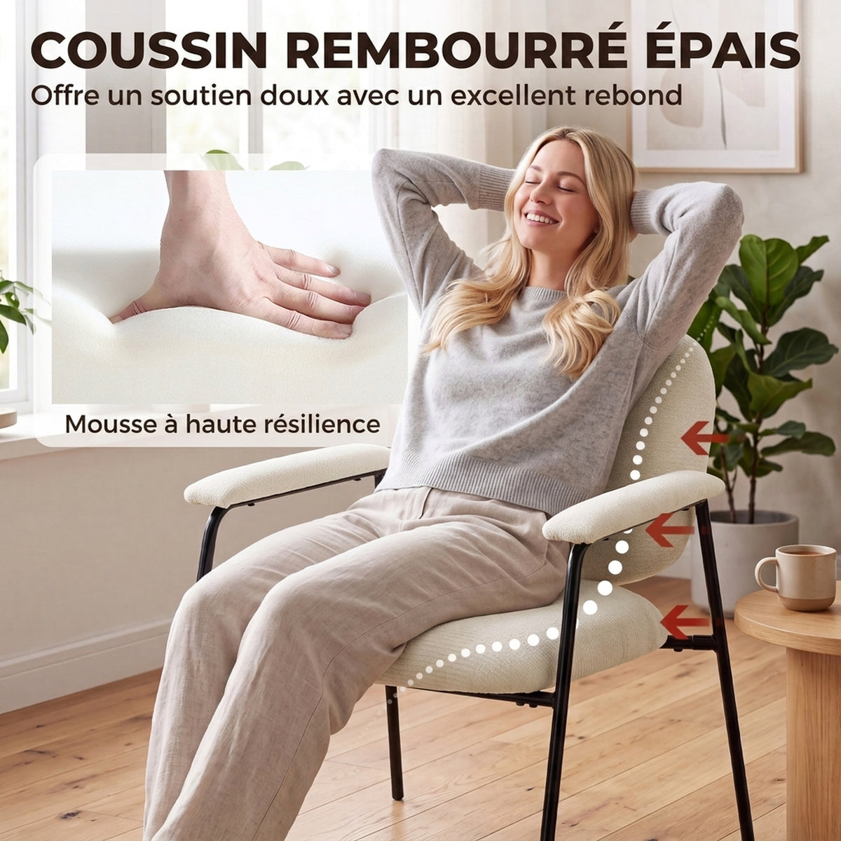 Lot de 2 Fauteuils Salon, Fauteuils d'Appoint en Chenille avec Dossier Profilé, Accoudoirs Rembourrés, Crème-3