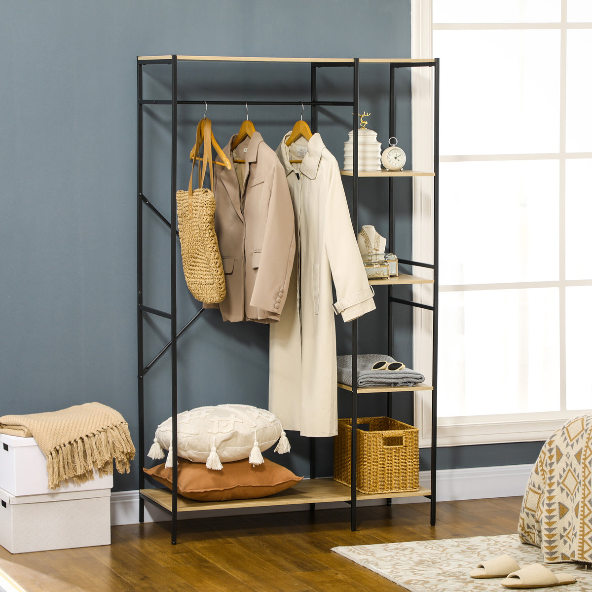 Penderie portant à vêtements style industriel en métal avec tringle et 4 étagères - dim. 100L x 46L x 170,5H cm-9