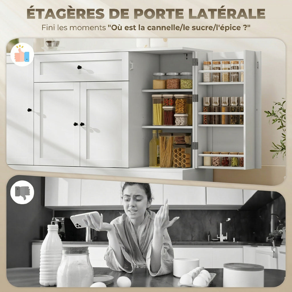 Buffet cuisine, meuble de rangement avec tiroir, 4 portes à fermeture douce, racks-porte et étagères réglables, blanc-4