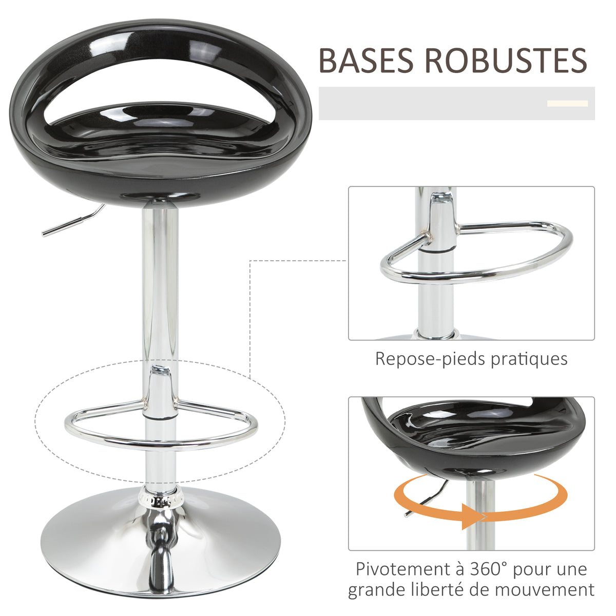 Lot de 2 tabourets de bar chaises de bar hauteur réglable dossier et repose-pieds pivotant à 360° 46x41x76-96cm noir-4