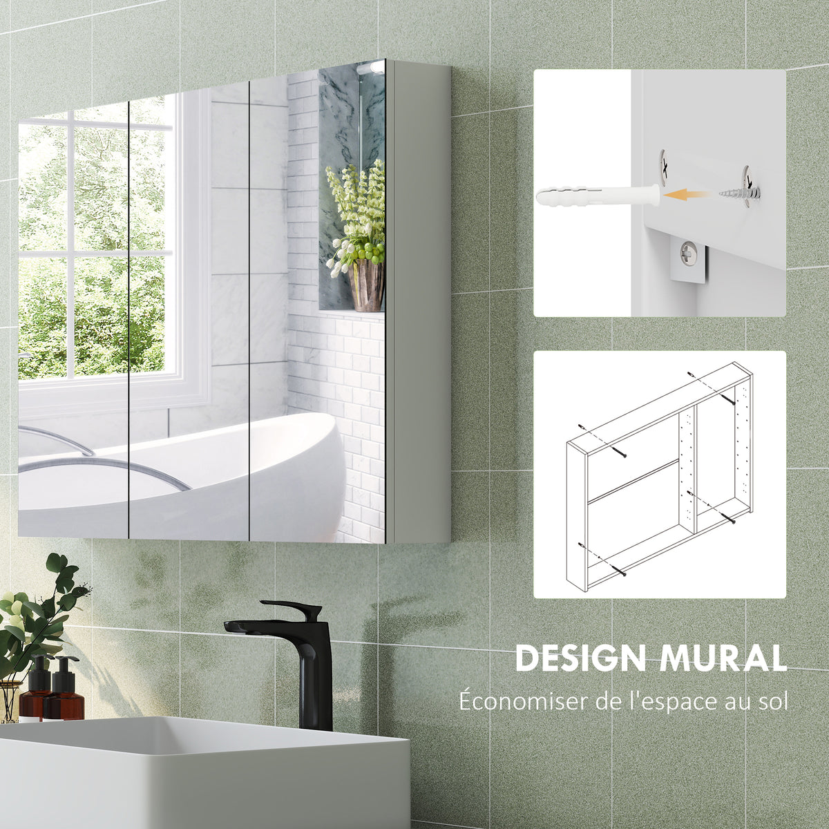 Armoire murale salle de bain avec miroir, armoire de toilette 3 portes miroir, étagères réglables, 91,5x11,5x65cm, blanc-6