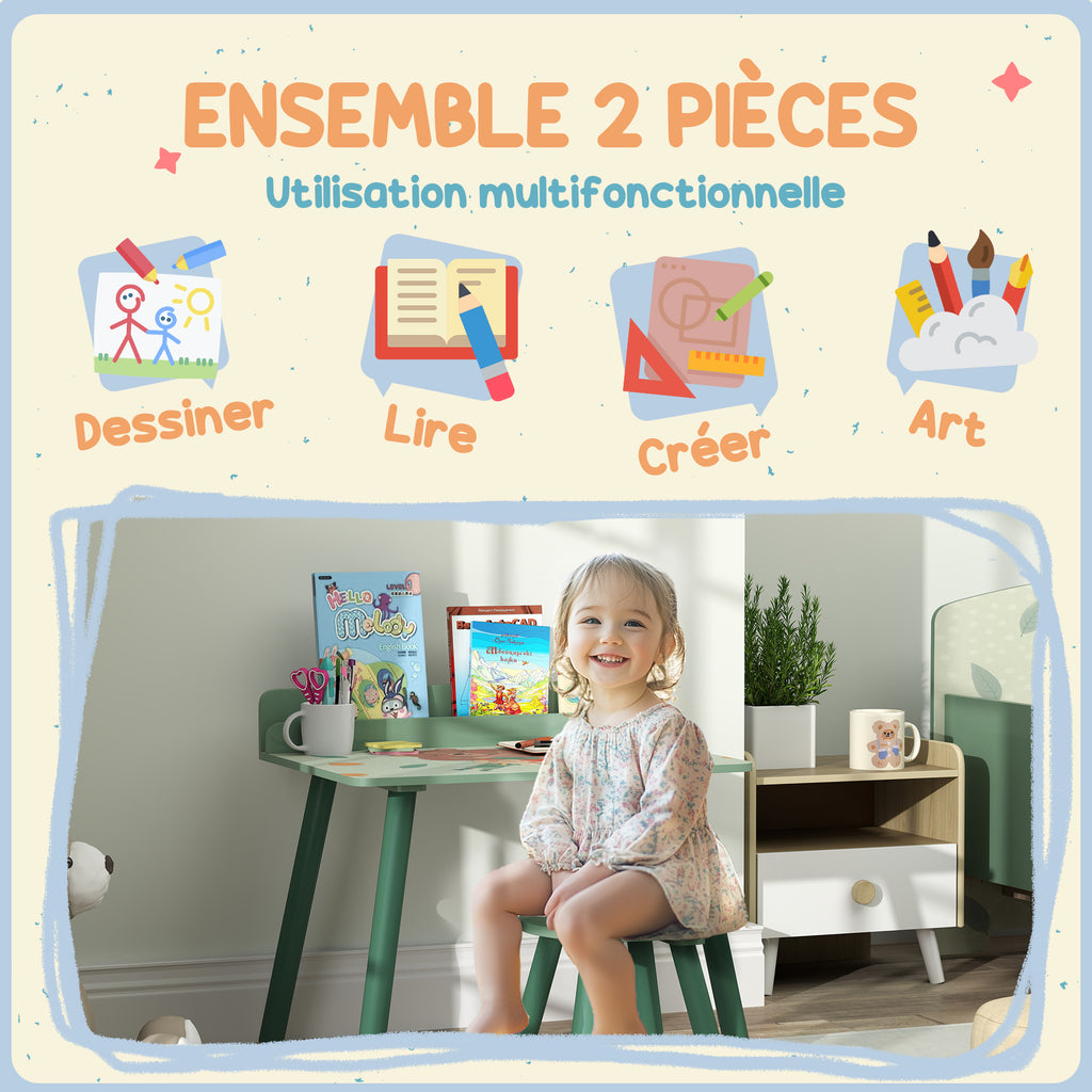 Ensemble table et chaise enfant table pour enfant avec chaise avec porte-livres motifs d'ours pour enfants 3-8 ans vert-3