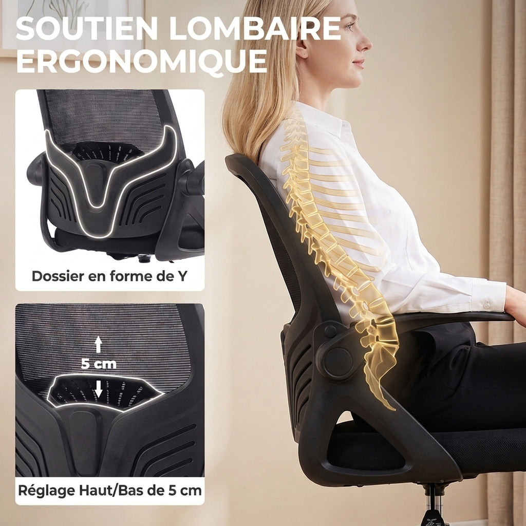 Chaise Bureau Ergonomique avec Soutien Lombaire Réglable, Chaise de Dessin en Maille, Accoudoirs Relevables, Noir-4