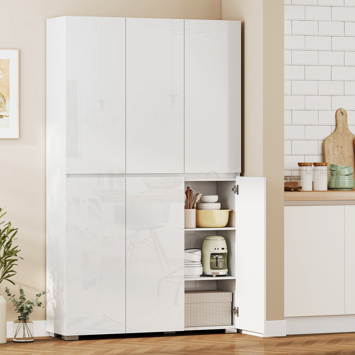 Buffet haut cuisine armoire de cuisine à haute brillance 6 portes à fermeture douce étagères réglables blanc-1
