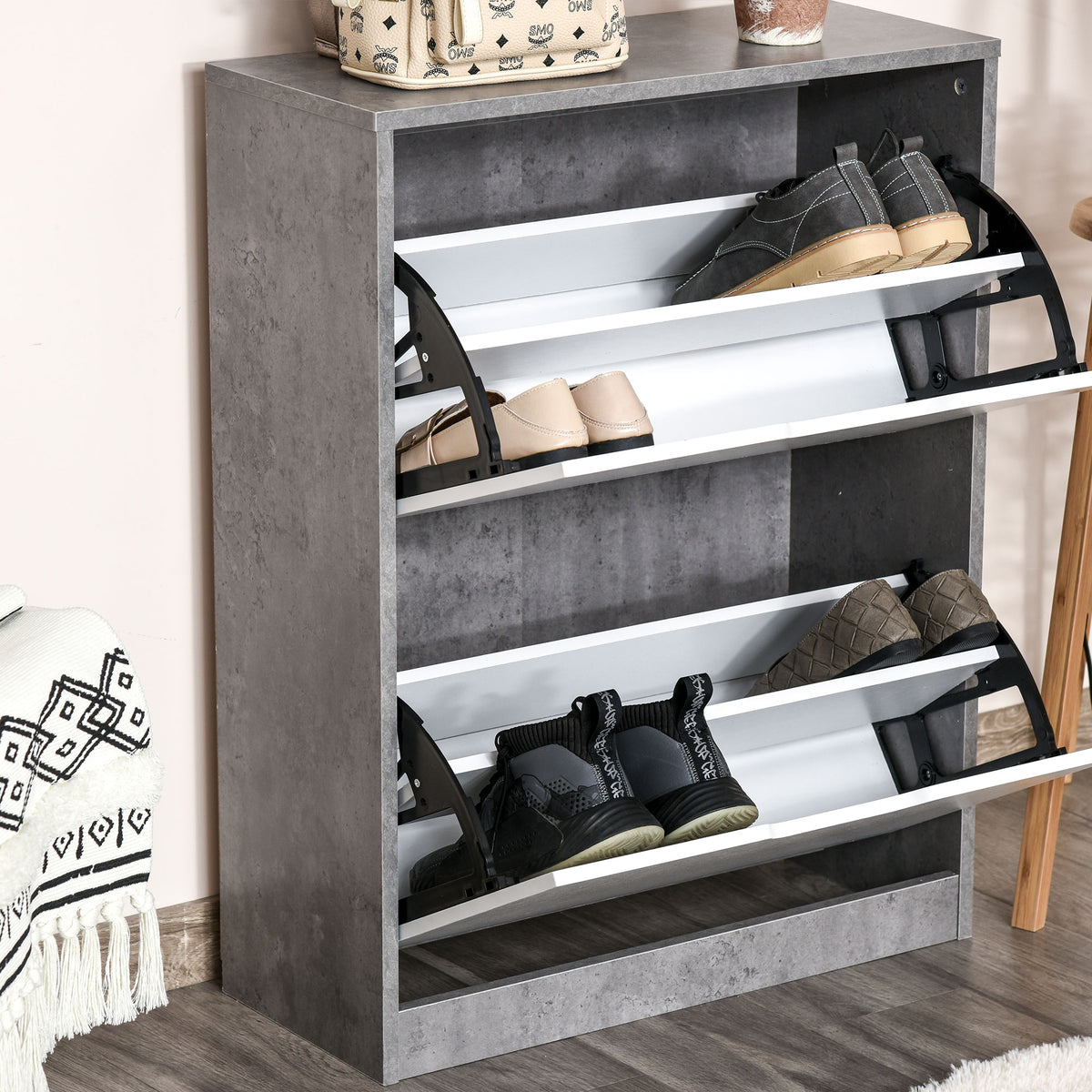 Meuble à chaussures meuble d'entrée placard de rangement, 2 portes abattantes, 62,5 x 26 x 81 cm, gris et blanc-6