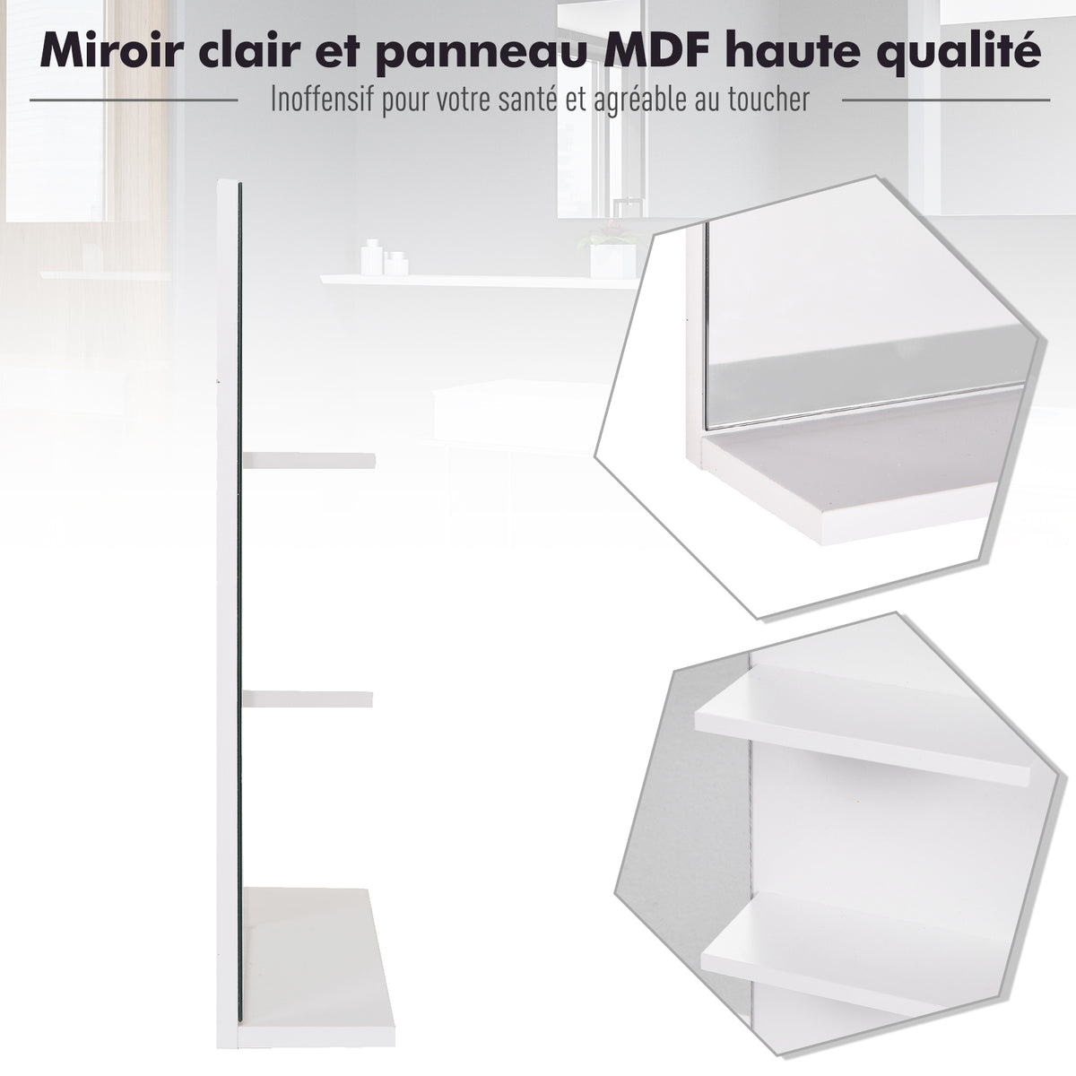 Miroir de Salle de Bain avec étagères - 2 étagères latérales + Grande étagère inférieure - kit Installation fourni - MDF Blanc-5