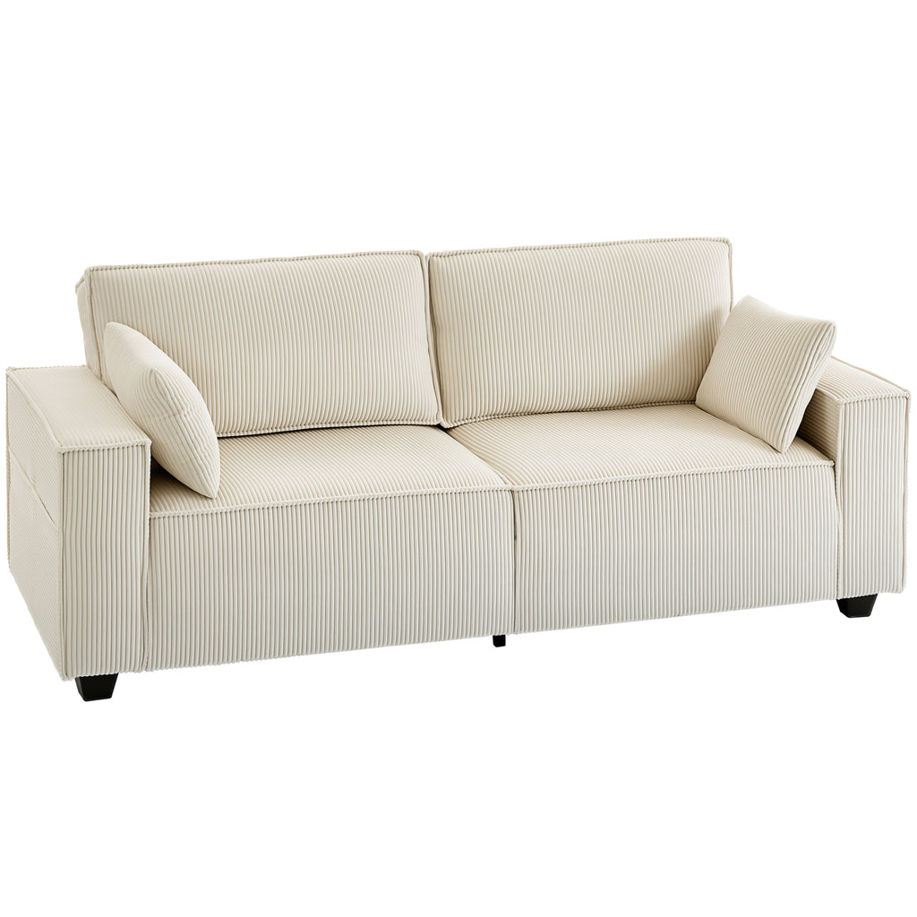 Canapé 3 places en velours côtelé 218 cm, canapé salon,  coussins à ressorts, larges accoudoirs, 2 coussins, beige-0