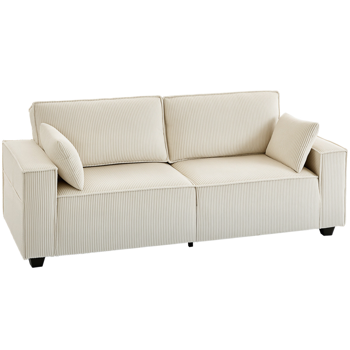 Canapé 3 places en velours côtelé 218 cm, canapé salon,  coussins à ressorts, larges accoudoirs, 2 coussins, beige-0
