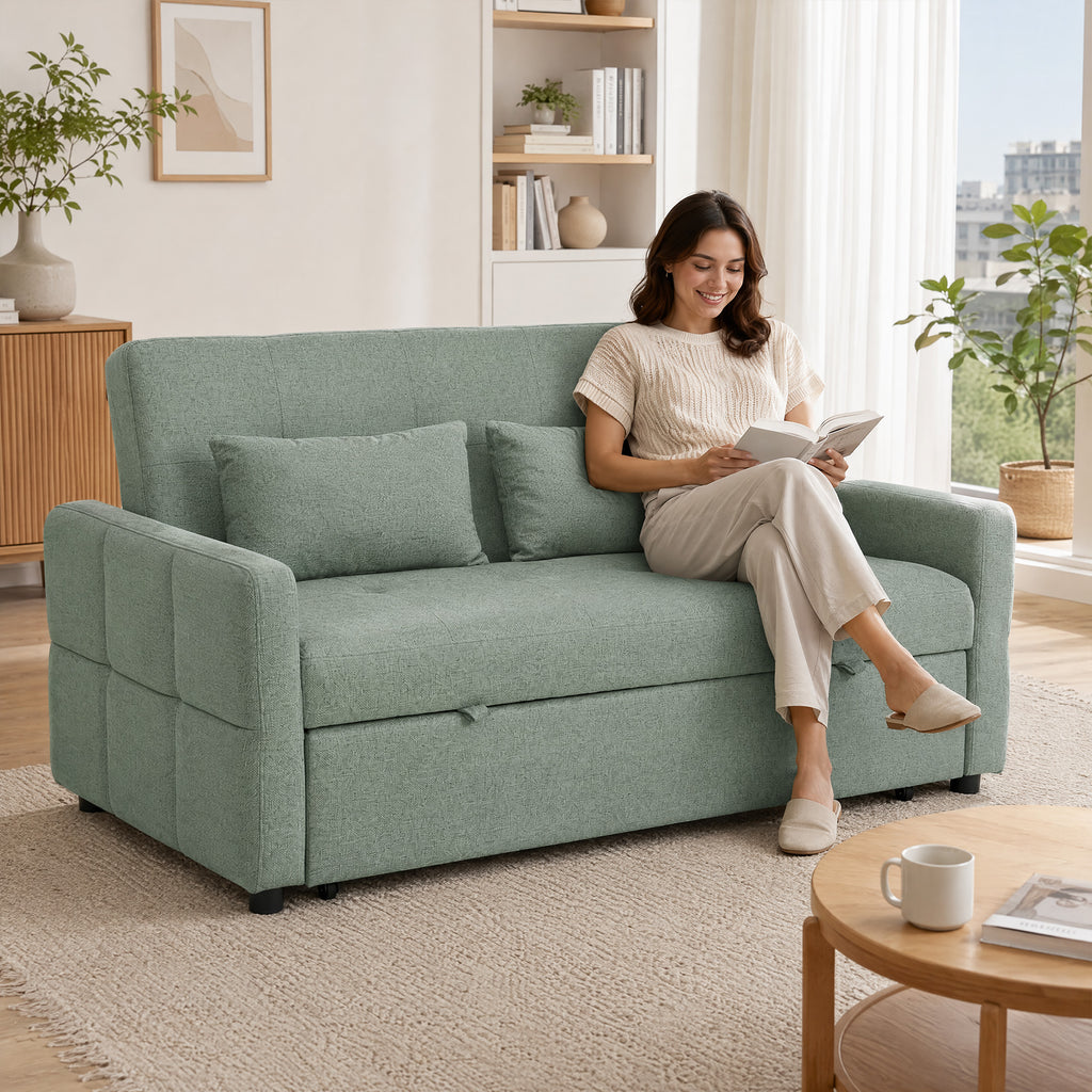 Canapé Convertible 2 Places 3 en 1, Canapé-Lit Clic Clac 160 cm, Dossier Réglable, Assise Large, 2 Oreillers, Vert-7