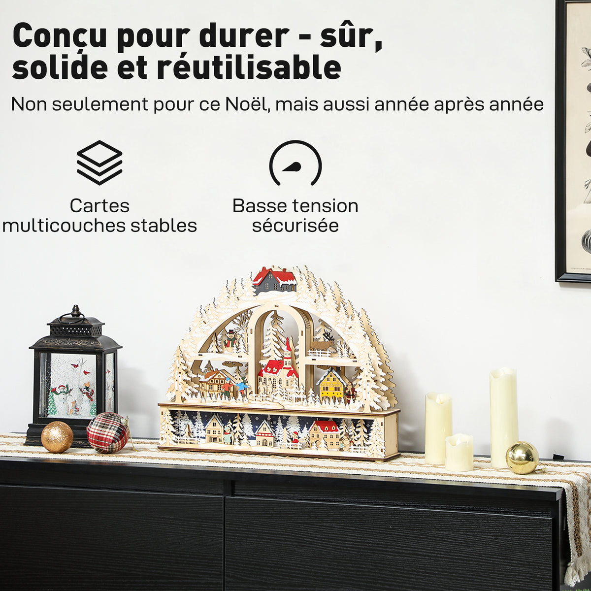 Villaggio di Natale ad arco in legno con 20 LED, 45 × 10 × 35 cm