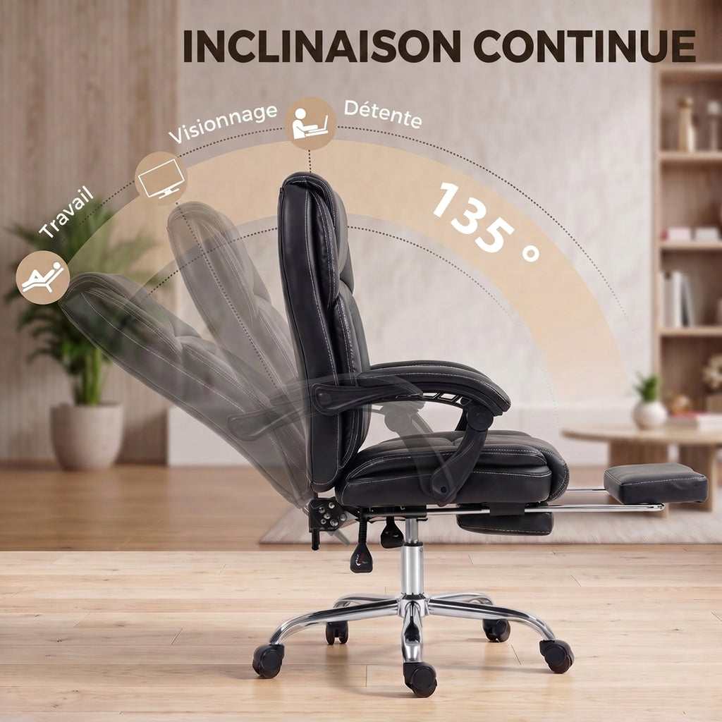Chaise Bureau Ergonomique, Fauteuil de Bureau Inclinable, Assise rembourrée en PU, Hauteur Réglable, Noir-6