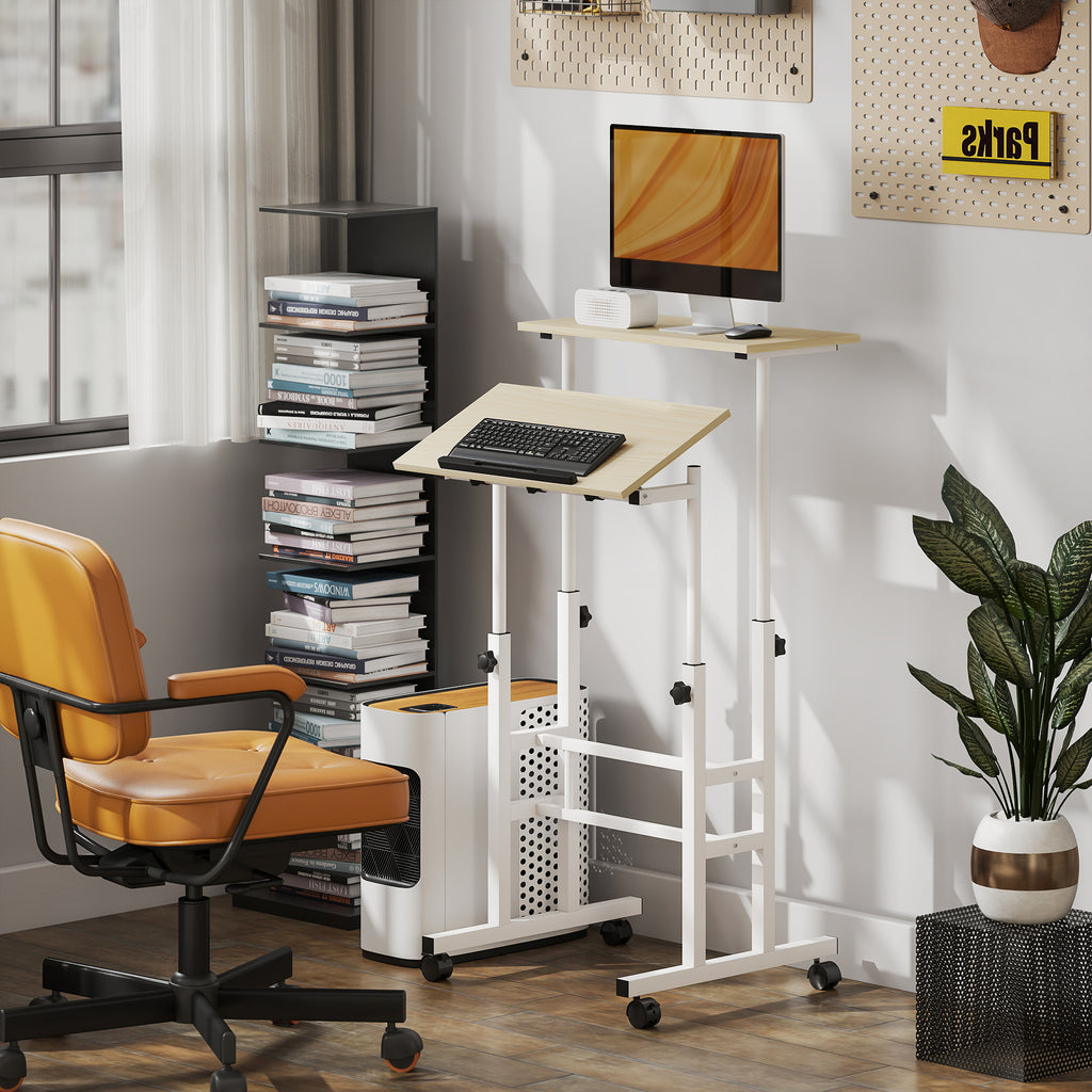 Bureau assis debout bureau réglable en hauteur 60 x 60 cm à roulettes avec plateau inclinable cadre en métal naturel-7