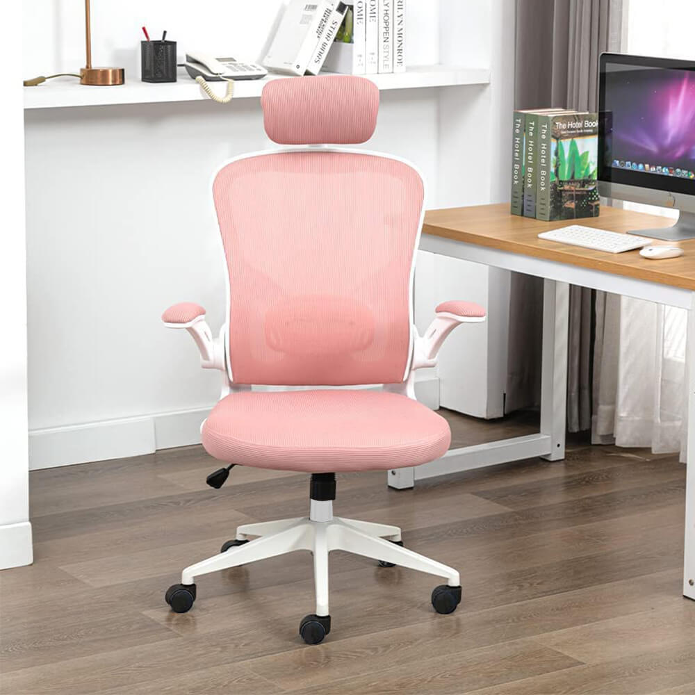 Ergonomikus irodai szék deréktámasszal, fejtámlával, rózsaszín-4
