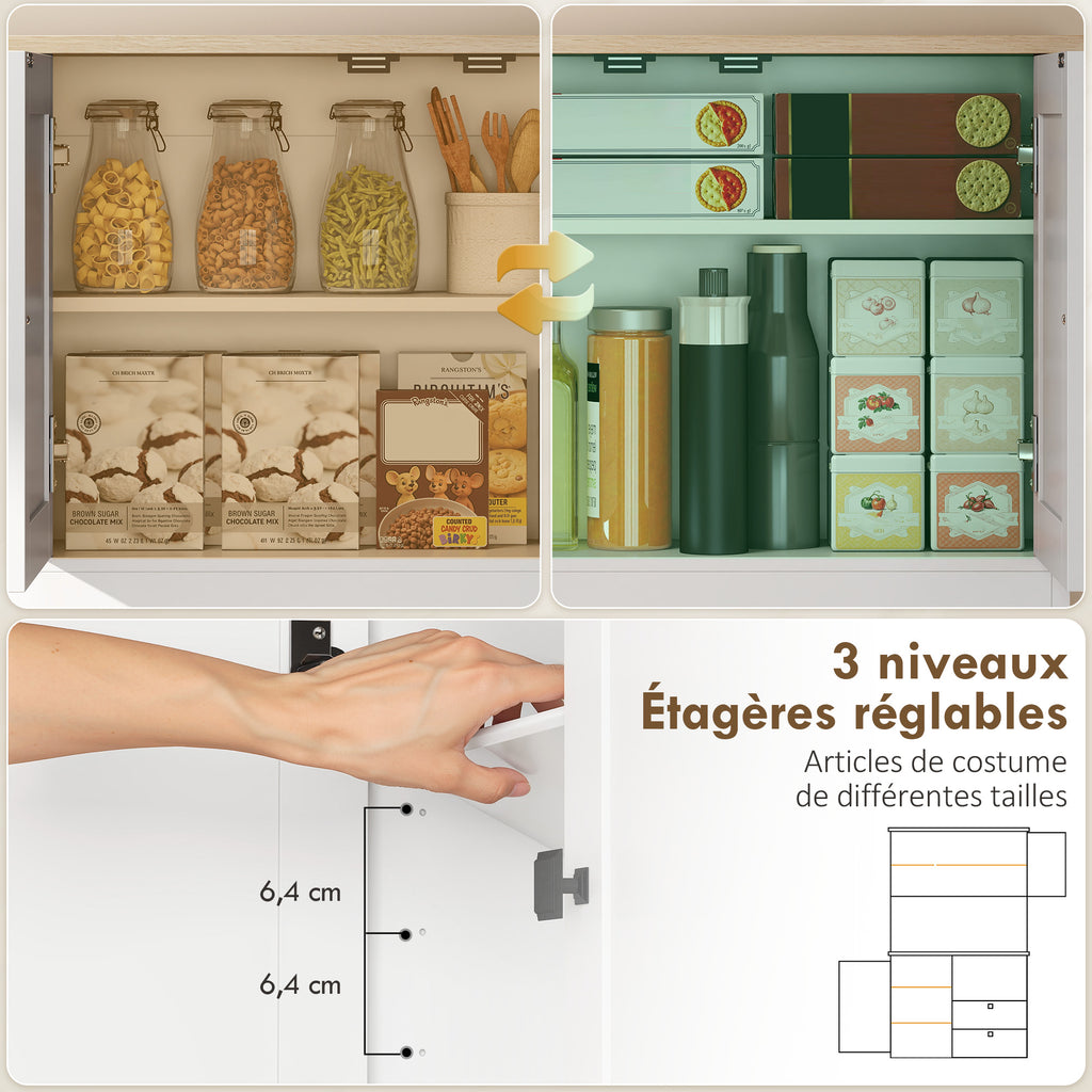 Buffet Haut Cuisine, Armoire Cuisine avec 3 Portes, 2 Tiroirs, Plan de Travail, Compartiments Ouverts, Blanc-4