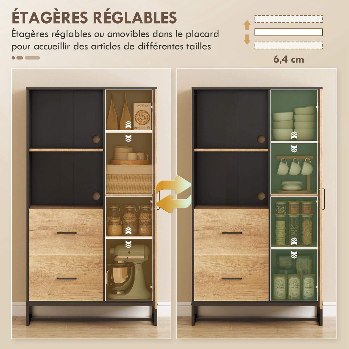 Armoire de cuisine meuble de rangement, 2 tiroirs 1 placard 2 niches et étagères réglables, 88x35x160cm, noir et naturel-5