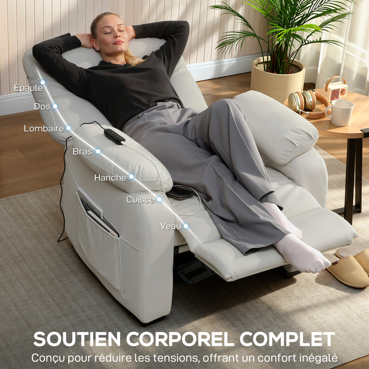 Fauteuil relax électrique fauteuil inclinable port USB repose-pieds poches latérales télécommande 96x90x103cm crème-5