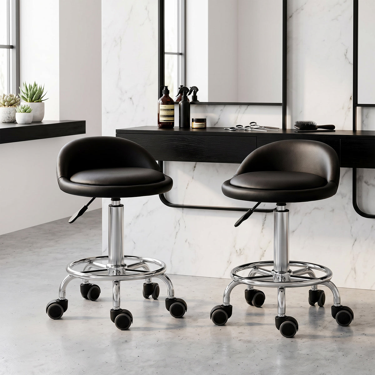 Lot de 2 tabouret à roulette pivotant 360°, assise réglable 47-62H cm, acier chromé revêtement synthétique noir-1
