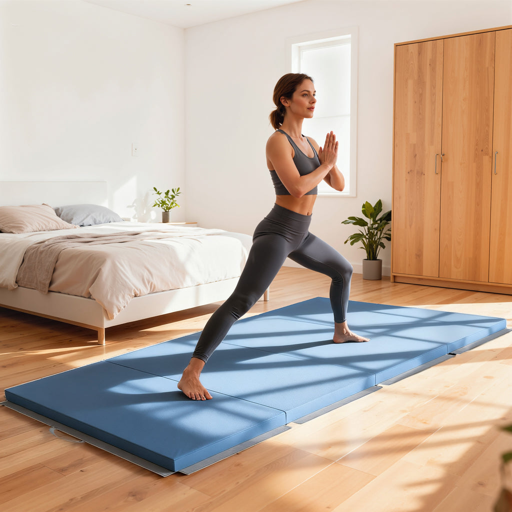 Tapis de gymnastique yoga pilates fitness pliable en 4 avec poignées revêtement synthétique 240 x 120 x 5 cm bleu clair-1