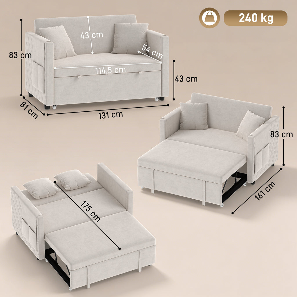 Canapé Convertible 2 Places 3 en 1, Canapé-Lit Clic Clac en Velours Hollandais, Dossier Réglable, 2 Oreillers, Beige-2