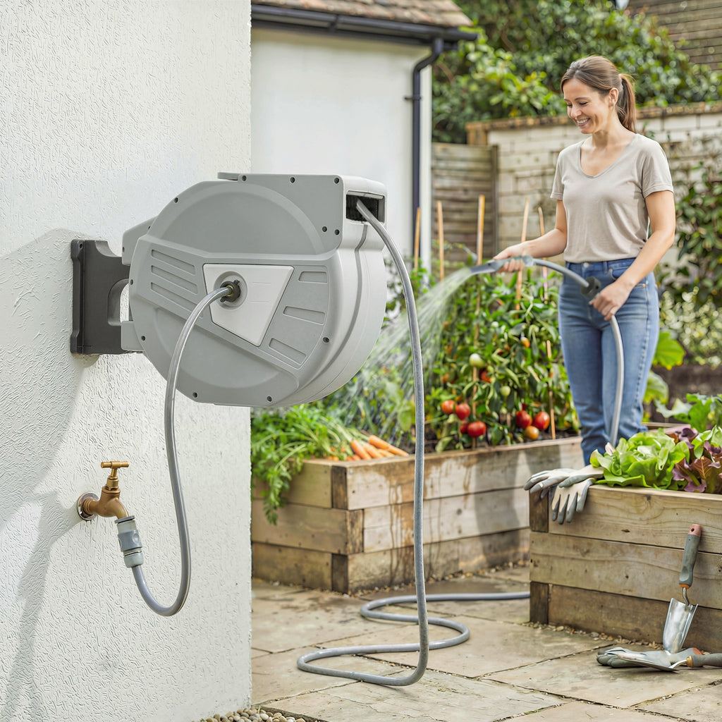 Enrouleur Tuyau Arrosage Mural 40+2 m x Ø 15mm, Dévidoir de Tuyaux d'Eau Rétractable Automatique Pivotant à 180°, Gris-9