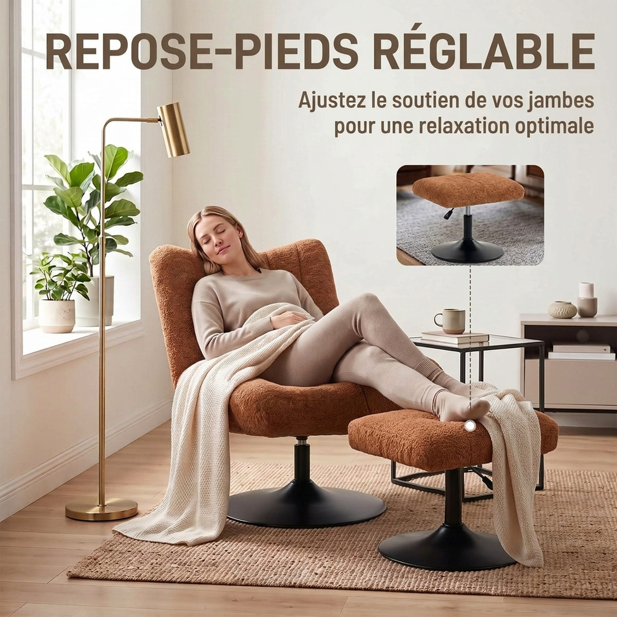 Fauteuil de Salon avec Repose-Pied Réglable, Fauteuil d'Appoint Capitonné en Velours Effet Motifs Gouttes d'Eau, Marron-3