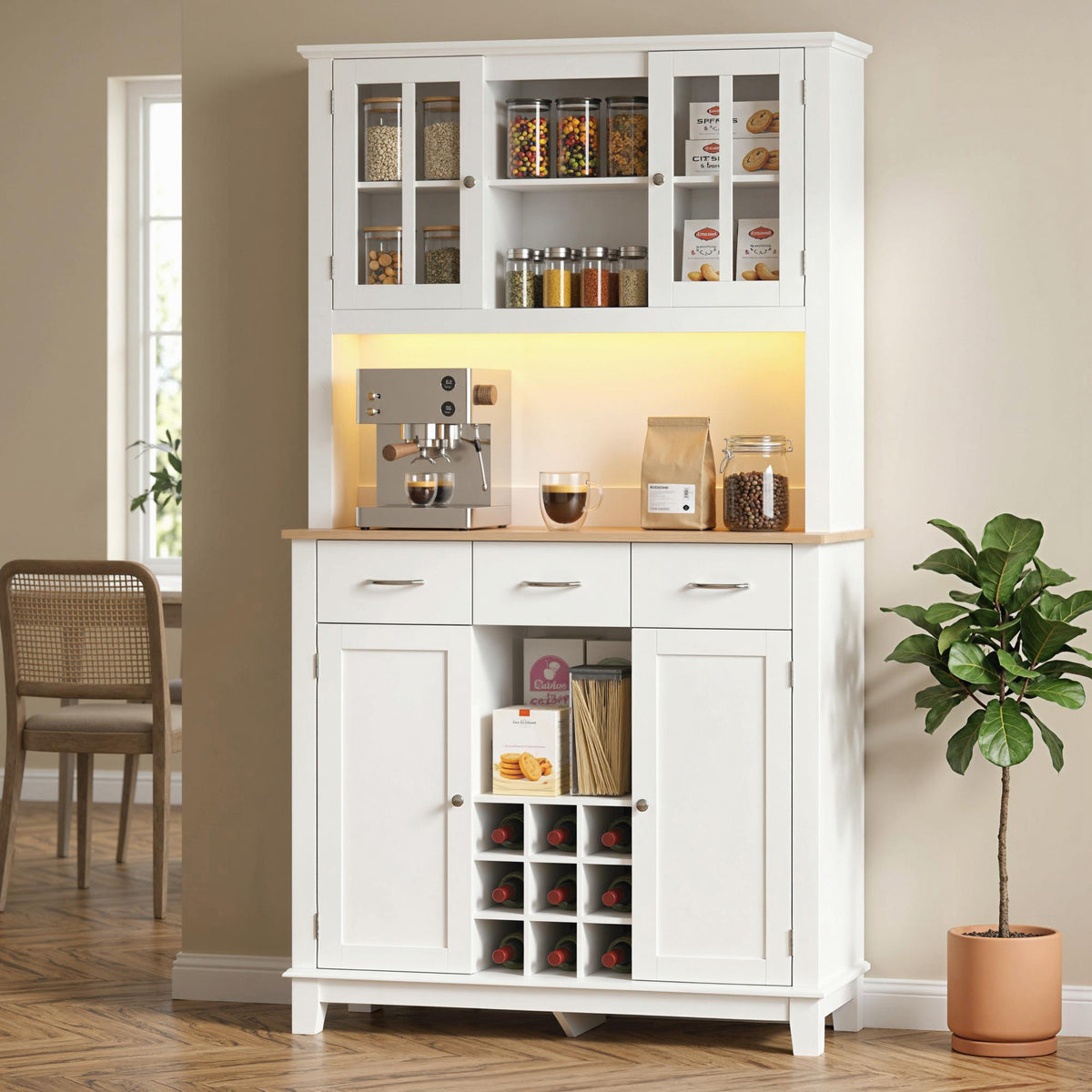 Buffet haut cuisine avec éclairage LED, vaisselier, 4 portes dont 2 en verre, tiroirs, porte-bouteilles, blanc-9
