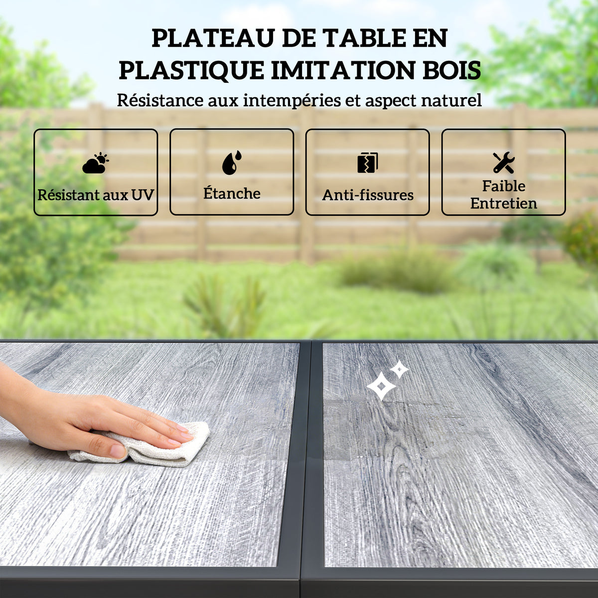 Salon de Jardin Extérieur pour 6 Personnes, Table de Patio Effet Bois et Chaises avec Assise en Maille Respirante, Cadre en Acier Galvanisé, Noir-3