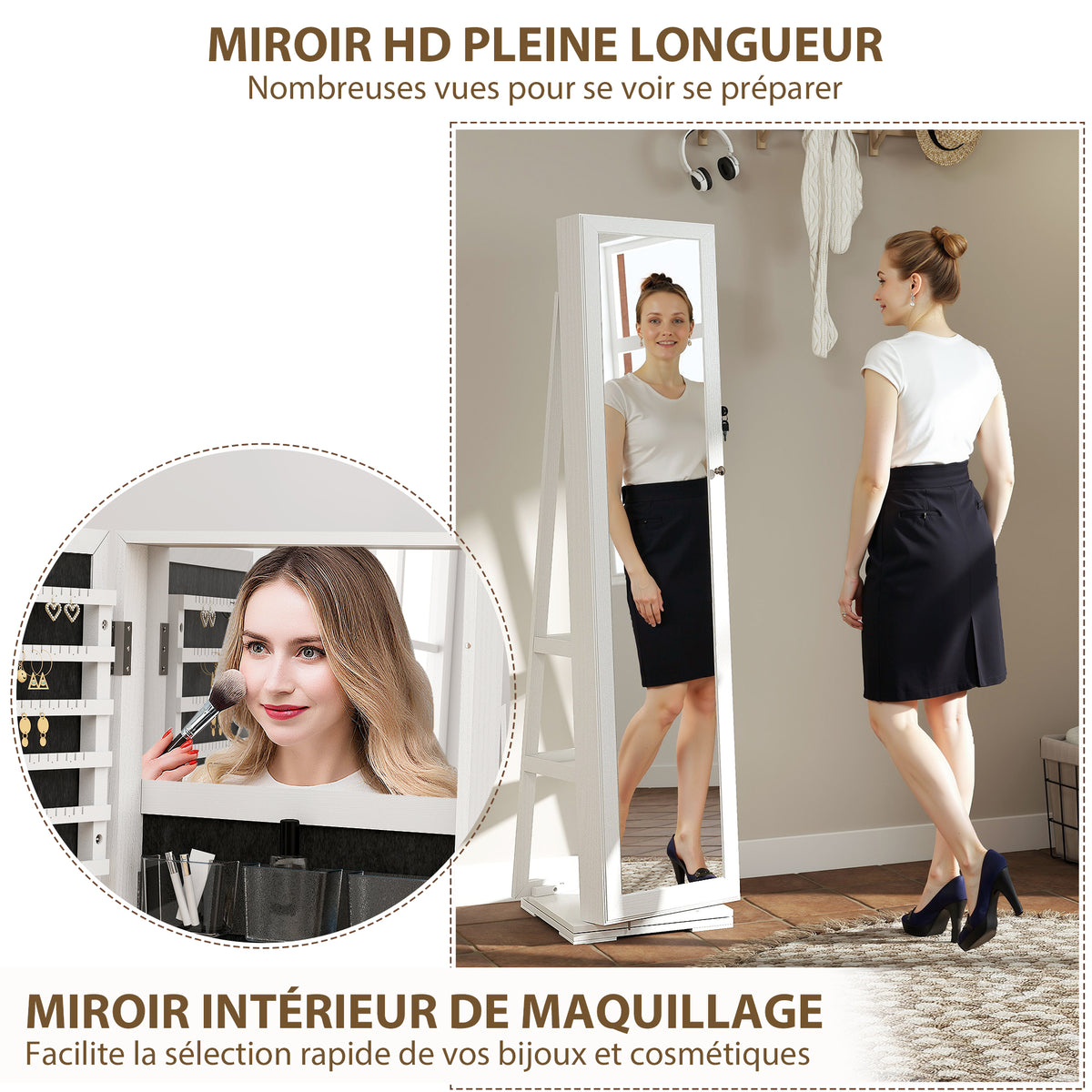 Armoire à Bijoux pivotante verrouillable boîte à bijoux avec Miroir - Armoire Bijoux Multi-Rangement - en Bois Blanc-7