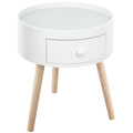 Table basse - table de chevet - table de nuit ronde - design scandinave table d'appoint bout de canapé avec tiroir pieds effilés inclinés bois massif chêne clair blanc-0