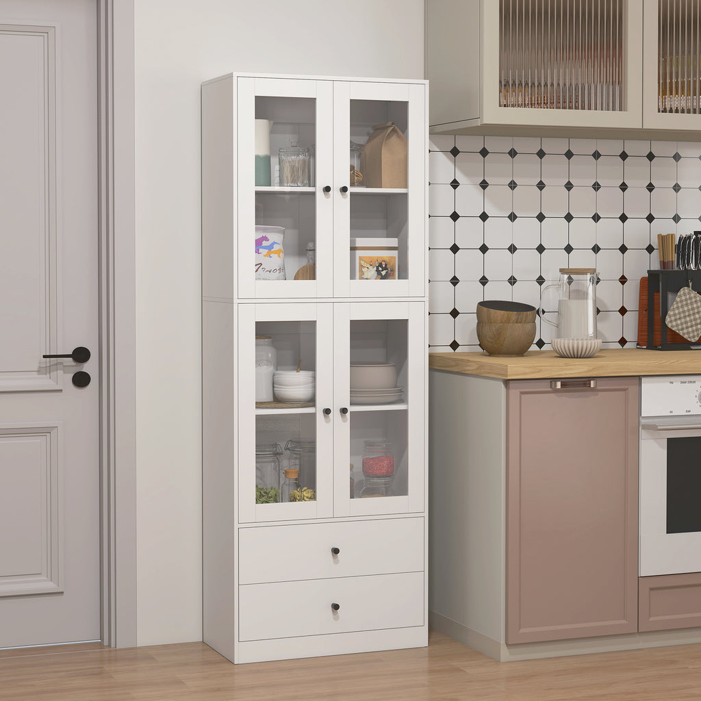 Buffet haut cuisine, armoire de cuisine avec portes vitrées, tiroirs et étagères réglables, 59x30x170cm, blanc brillant-8