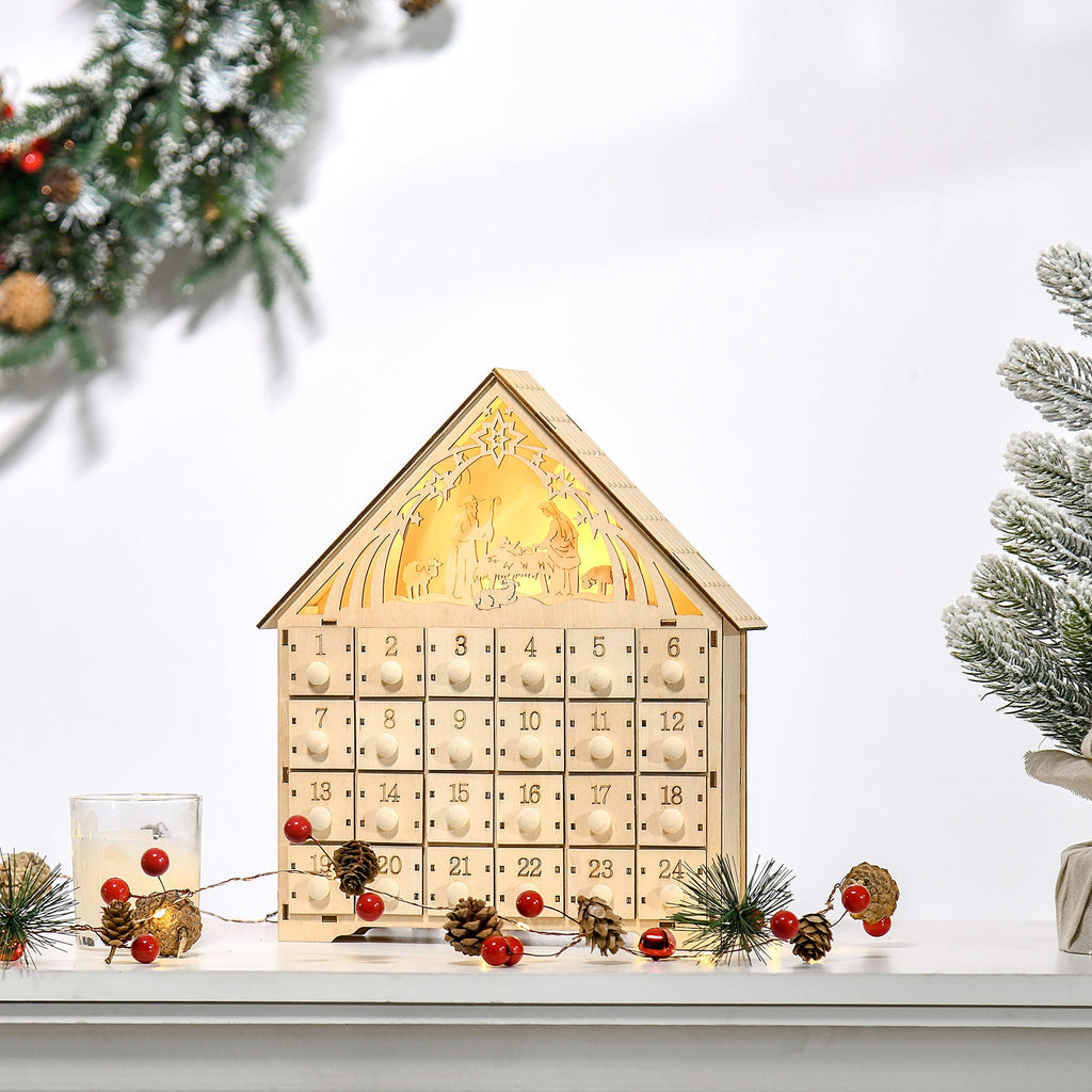 Calendario dell’Avvento in legno con 24 cassetti e presepe LED