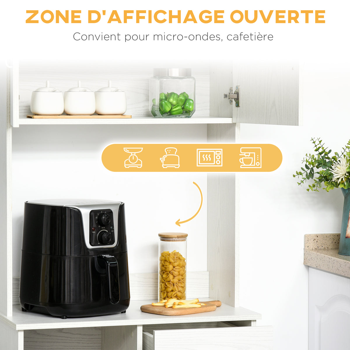 Buffet de cuisine armoire de cuisine multi-rangements 4 portes 1 tiroirs étagère + grand plateau blanc-4
