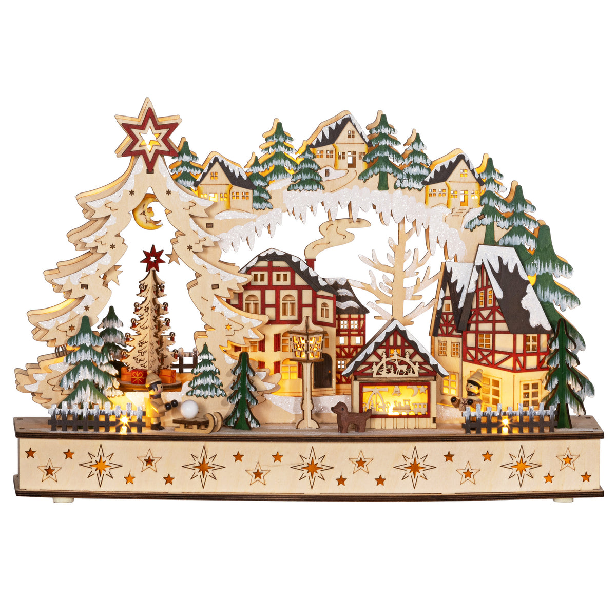 Villaggio di Natale in legno con 20 LED, paesaggio innevato, 45 × 12 × 30 cm