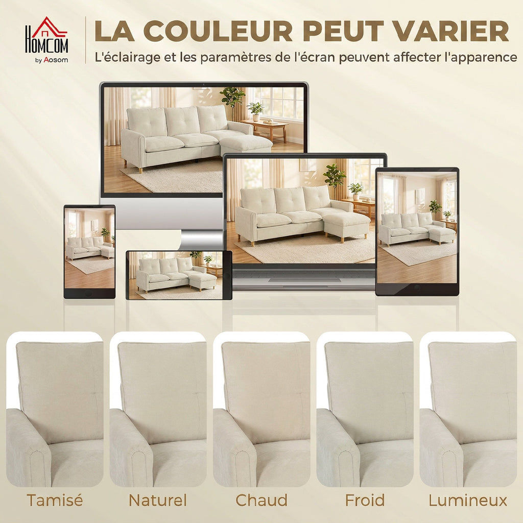 Canapé 3 places avec pouf de rangement, canapé d'angle modulable 210 cm, assise large, tissu aspect lin, crème-7