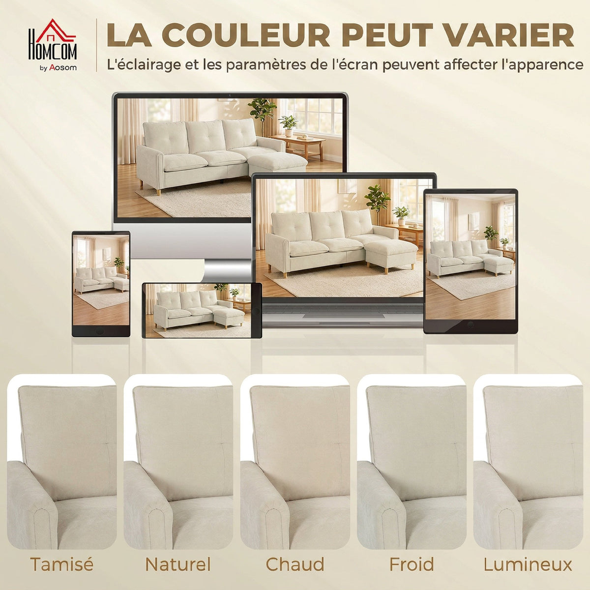 Canapé 3 places avec pouf de rangement, canapé d'angle modulable 210 cm, assise large, tissu aspect lin, crème-7