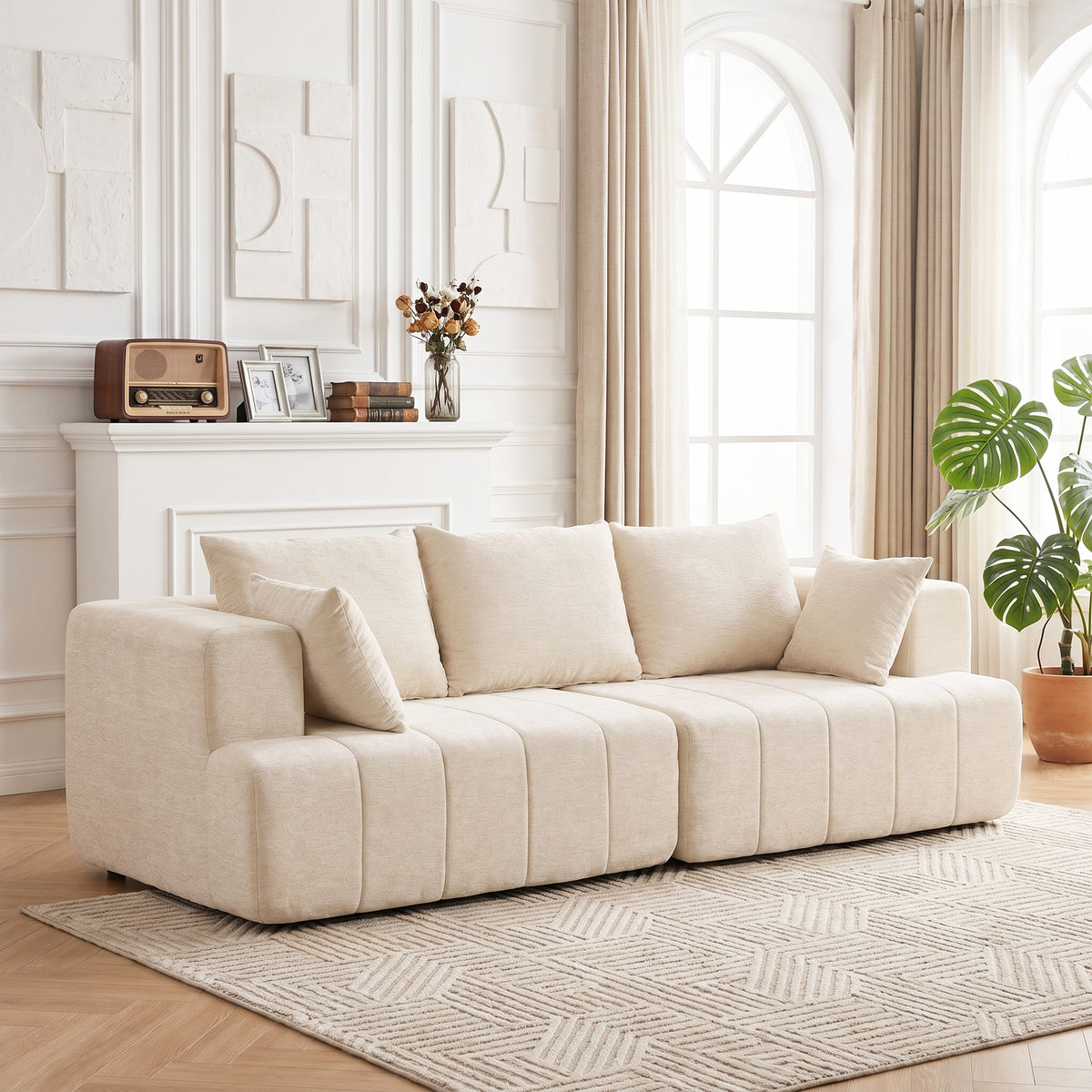 Canapé 3 places en chenille 248 cm, canapé salon moderne, large assise rembourrée, coussins à ressorts, beige-1