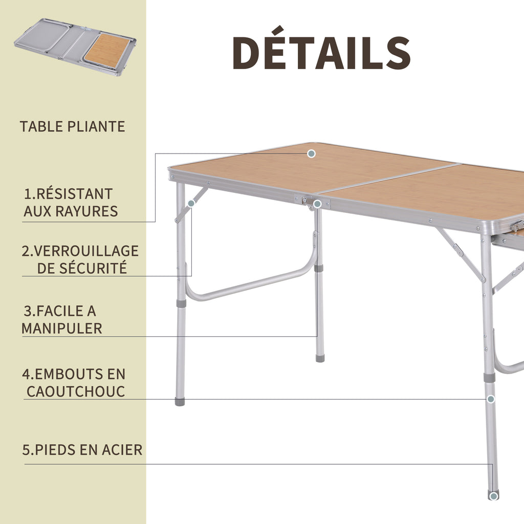 Table Pliante Table de Camping Table de Jardin avec rallonge Hauteur réglable Aluminium MDF Imitation Bambou-6