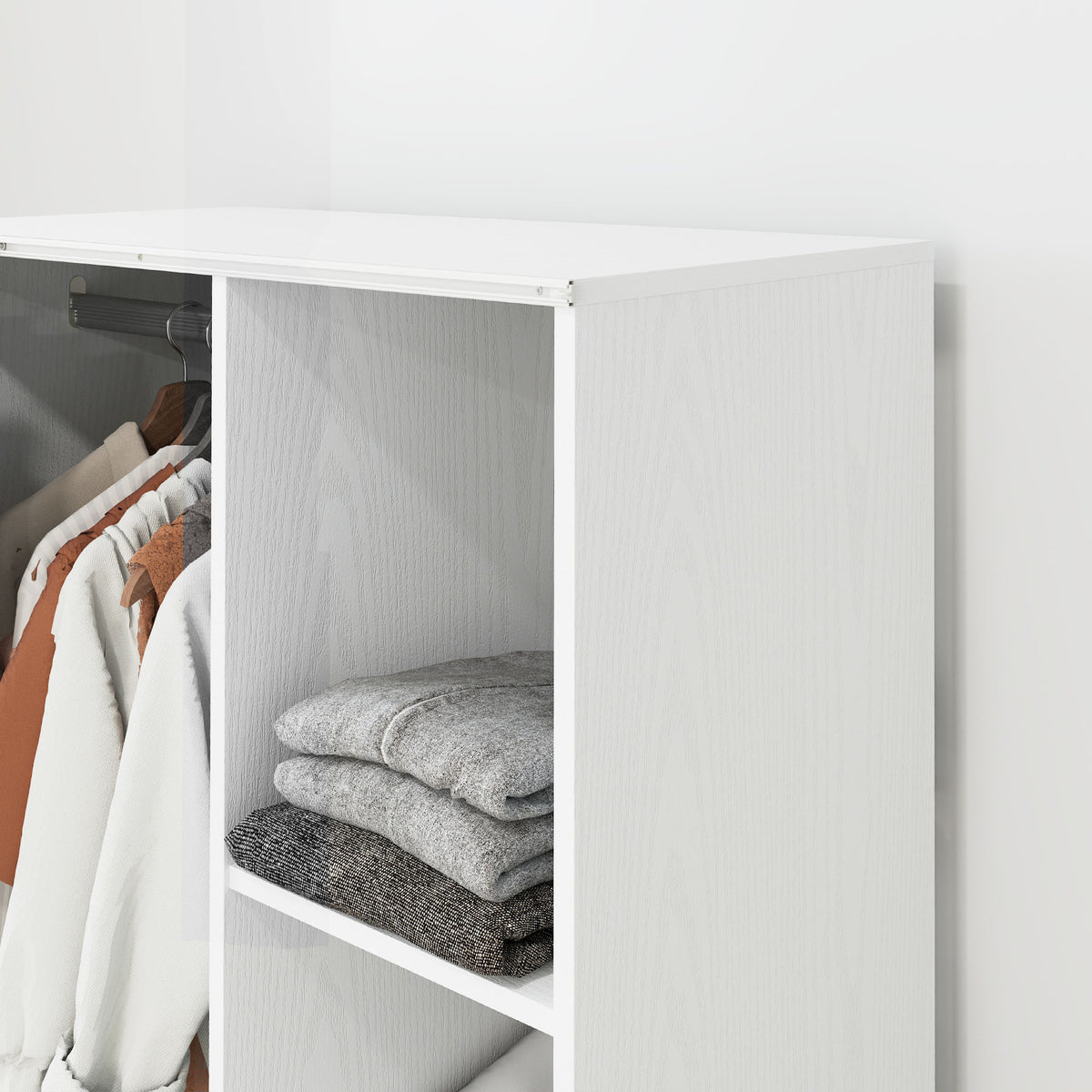 Armoire penderie vêtement dressing mobile 4 roulettes avec tringle à vêtements et étagères ouvertes, blanc-8