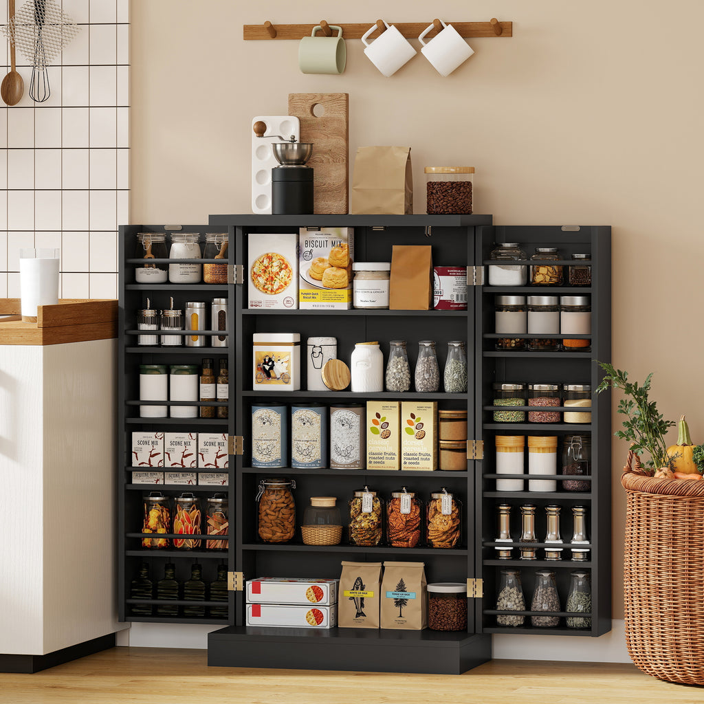 Armoire de Cuisine, Buffet Cuisine, avec 2 Portes, 12 Porte-Racks, 5 Compartiments et Étagères Réglables, Noir-9