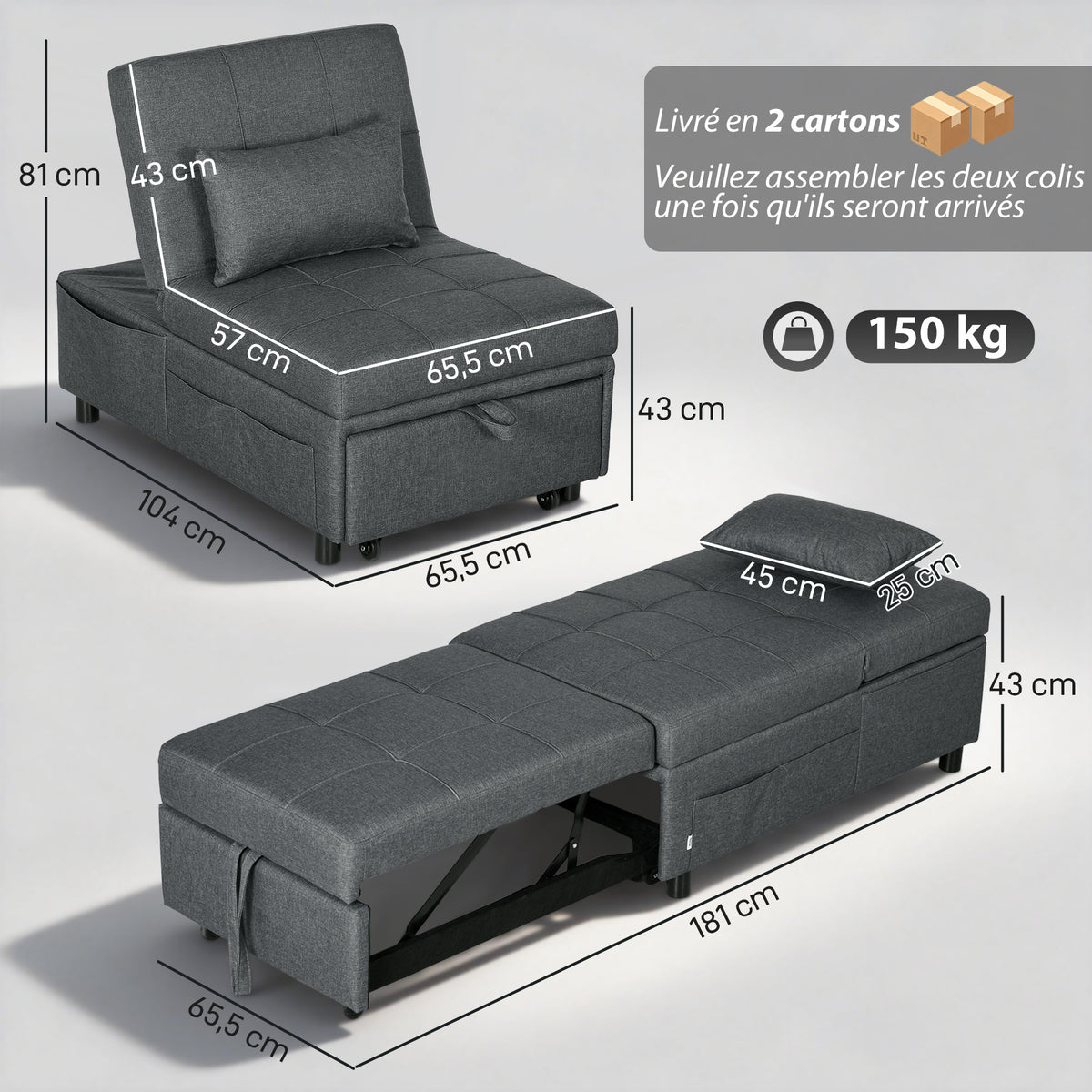 Fauteuil convertible 1 place fauteuil lit avec dossier réglable, siège rembourré et oreiller, gris-2
